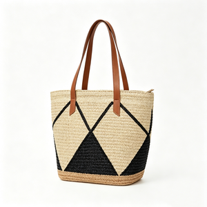 Customized Geometric diamond line woven straw tote <b>bag</b>, contrast graphic straw <b>basket</b> shopper, trapezoid woven tote - Product Image 3