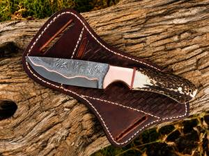 Cuchillo vaquero Skinner de acero damasco y cobre con funda de cuero y mango de asta de ciervo, regalo para él, regalos de boda. - Product Image 5