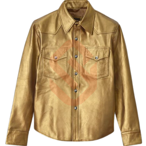Best Shiny Metallic <b>Leather</b> <b>Jacket</b> For Men's New Shirt Style <b>Real</b> Sheep Hide Golden <b>Leather</b> <b>Jacket</b> For Stage Performance - Product Image 3