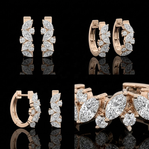 14K Solid Gold Luxury Marquise Cut Lab Grown Diamond Huggie <b>Hoop</b> Earrings 1.20 Floral Diamond Cluster High Polish Hinged <b>Hoop</b> - Product Image 2