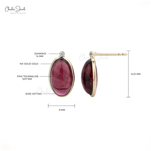 Latest Design 12x7 Oval Cabochon Pink Tourmaline & Diamond <b>Studs</b> <b>Earring</b> in 14k <b>Fine</b> Yellow Gold Wedding Anniversary Gift - Product Image 2