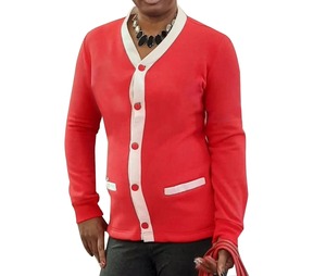 Cardigan long en molleton de coton respirant de haute qualité pour femme, col en V, rouge, avec design moelleux et chaud pour l'hiver - Product Image 2