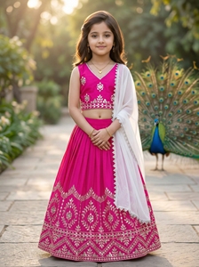Shoryam Fashion Girls Pink Lehenga Choli Indian Traditional Ethnic Wear Embroidered Mirror Work Fully Stitched Floor-Length Kids - Product Image 2