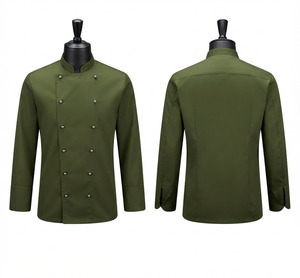 Veste de chef en polycoton premium 200 GSM, vert olive, double boutonnage, col mandarin, manches courtes, unisexe, restaurant, bar, noir - Product Image 1
