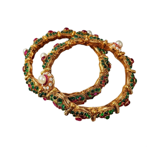 Green Kada <b>Bangles</b> 2x6-Gold Plated <b>Copper</b> & Brass Ethnic Bracelets with Pearl Bezel Setting - Product Image 1