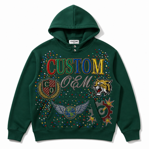 OEM Custom Navy Blue Heavyweight Hoodie Colorful Rhinestones Multi Patchwork Embroidery <b>Pullover</b> Hoodies Y2K Style Streetwear - Product Image 5