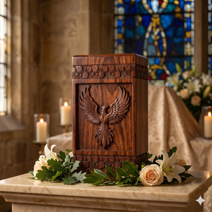 Wooden Cremation Urn Carved Phoenix Design Brown Adult Memorial Keepsake <b>Box</b> <b>for</b> <b>Ashes</b> Burial - Product Image 2