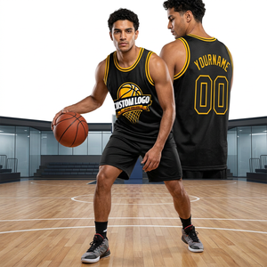 Maillot de basket-ball personnalisé sublimé noir et jaune en mesh, débardeur unisexe adulte respirant en polyester avec impression de logo sur le devant - Product Image 5