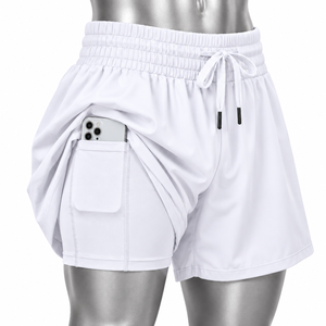 Shorts de sport pour femmes en nylon et polyester, couleur jaune moutarde, taille haute, coupe ample, avec poche latérale profonde, personnalisables - Product Image 2