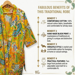 Kimono de Algodón Amarillo con Estampado Floral de Primera Calidad |   Bata de dormir de manga larga con cuello en V para mujer |   Bata Ajustada con Cordón de Alta Calidad, Diseño Exclusivo - Product Image 5