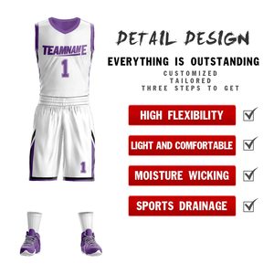 Ensemble de maillots de basket-ball personnalisés blancs et violets, col en V, sans manches, uniforme en polyester sublimé, adulte unisexe, toutes saisons - Product Image 4