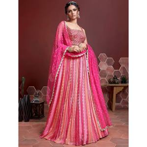 Conjunto de Lehenga Choli Bordado en Chinon para Mujer Talla Grande en un Atractivo Color Rosa - Product Image 1