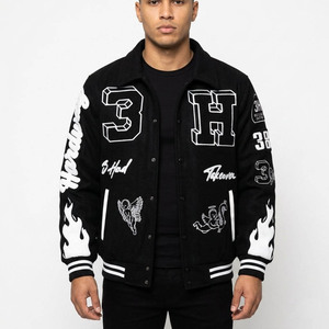Men's Black Varsity <b>Jacket</b> With White Embroidered Logo And Patch Designs Streetwear Style Turn-down Collar Regular Fit - Product Image 1