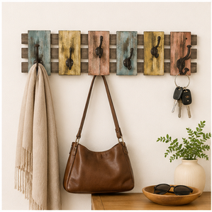 Porte-manteau mural vintage en bois massif coloré avec 6 crochets métalliques durables, style industriel rustique, décoratif pour entrée et clés - Product Image 6