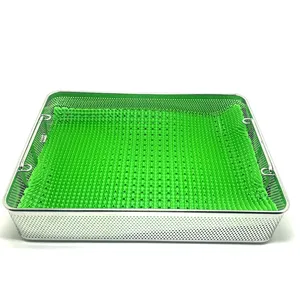 DIN EN ISO 13485 Manual German Stainless Steel Hollowware Sterilization Autoclavable <b>Mesh</b> Tray <b>Basket</b> 40x20x7cm Green Silicone - Product Image 1