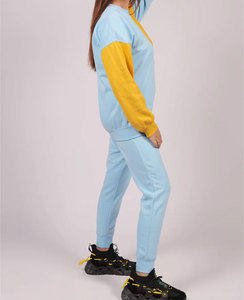 Women Color Blocking Sweatshirt Crew Neck Long Sleeve Loose Fit Yellow Blue Cotton Casual Autumn Top - Product Image 3