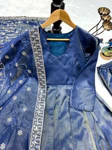 Costume Anarkali en soie Vichitra bleu royal |   Dupatta et Plazzo entièrement cousus avec un design évasé |   Collection de mariage festive pour les fêtes | - Product Image 6