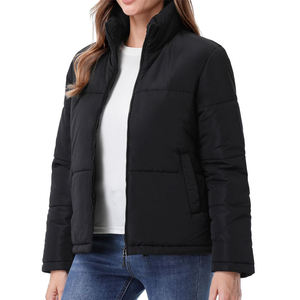 Women's <b>Black</b> Stand Collar <b>Puffer</b> Jacket Windproof Winter Casual Outerwear Solid Color Polyester Shell Zipper Closure Thick Fit - Product Image 4