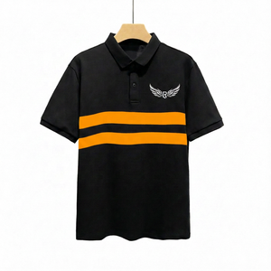 Men's <b>Black</b> Short Sleeve Polo <b>Shirt</b> With <b>White</b> <b>Stripes</b> And Embroidered Logo Casual Oxford Cotton Breathable Design - Product Image 3