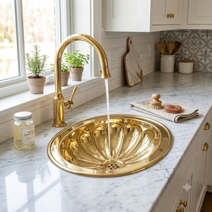 Vasque ronde en laiton à motif de pétales de lotus avec intérieur floral sculpté et finition dorée polie pour salle de bain et projets hôteliers - Product Image 3