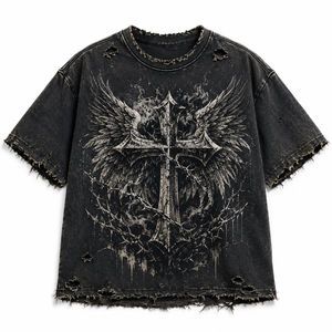 Camiseta Oversize Personalizada con Gráficos para Hombre, Estilo Vintage Desgastado con Alas Cruzadas, Streetwear, Lavado Ácido, Impresión Personalizada - Product Image 1