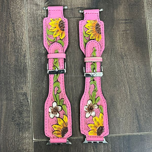 New Premium Pink Genuine Leather <b>Watch</b> Band with Sunflower <b>Tooling</b> Western Style Smart Female <b>Watch</b> <b>Strap</b> Replacement for Gifts - Product Image 4