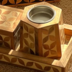 Ensemble brûleur d'encens Bakhoor en bois fait main avec boîte et plateau à motifs incrustés, support d'aromathérapie - Product Image 2