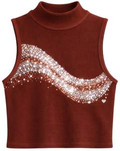 Débardeur côtelé personnalisé pour femme, marron rouille, col montant, avec motif vague en strass, sans manches, été, fabrication sur mesure - Product Image 1