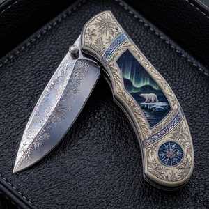 Navaja Plegable Artística con Diseño de Oso Polar y Aurora, Grabado de Copo de Nieve, Apertura con Perilla, Punta Afilada - Product Image 5