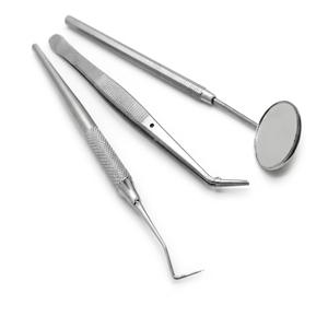 Juego de 3 piezas para examen dental: espejo dental, raspador tipo sierra y pinzas dentales. Instrumento manual con certificación CE Clase I. - Product Image 3