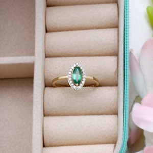 Bague de fiançailles en or jaune massif 14 carats avec halo de diamants et émeraude verte marquise, bijoux fins pour femme, vente en gros, cadeau, fête de mariage - Product Image 3