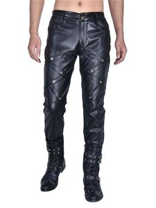Pantalon droit en cuir noir taille haute pour homme avec détails rivets, fermeture boutonnée, style motard, idéal pour l'hiver - Product Image 2