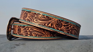 Handcrafted Vintage Floral Tooled <b>Cow</b> Hide Western Cowboy Belt with Turquoise Edge Detailing and Waterproof Rodeo Buckle Style - Product Image 4