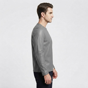 Camiseta de Manga Larga para Hombre, de Color Sólido, en Cuero PU, Cuello Redondo, Elástica, Estilo Casual, con Aspecto de Cuero, para Uso Diario - Product Image 3