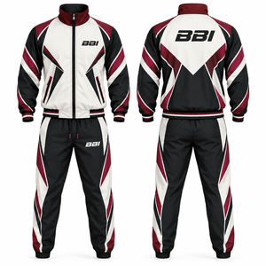 Ensemble de survêtement personnalisé pour homme, rouge, noir et blanc, coupe-vent, avec veste à col montant et pantalon de jogging assorti à revers. - Product Image 2