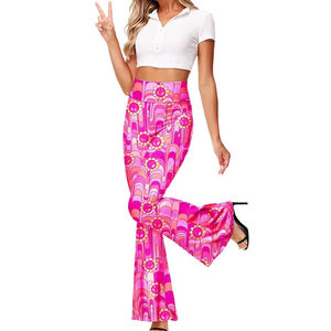 Pink Flare <b>Pants</b> High Waist Elastic Waist Printed Pattern Casual <b>Summer</b> Style Breathable Lightweight Knitted Fabric <b>Pants</b> - Product Image 2