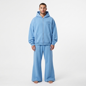 High Quality Men Cotton Fleece Tracksuit Custom Two Piece Set Full Zip Hoodie <b>Wide</b> <b>Leg</b> <b>Jogger</b> Custom Logo - Product Image 1
