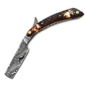 MORTAL SAGA Rasoir de Barbier Premium en Acier Damas Léger, Fait Main, Lame Ultra-Tranchante, Manche Personnalisé en Corne de Cerf et Cuir, Sûr - Product Image 4