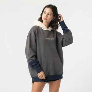 <b>Women's</b> Color Block <b>Hoodie</b> <b>Dark</b> <b>Grey</b> Sweatshirt Cream Hood Navy Cuffs Drop Shoulder Letter Print Pullover - Product Image 1