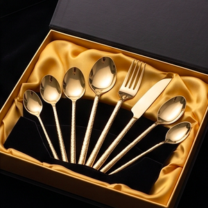 Stainless Steel Gold PVD Coated Flatware Set Of 4 Cutlery Spoon Fork Knife Hammered Handle Perfect Wedding Rental Cutlery - Product Image 6