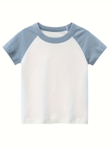 Boys Short Sleeve Raglan T-Shirt Solid Color O-Neck Casual Jersey Fabric White With Navy Yellow Gray Blue Sleeves - Product Image 4