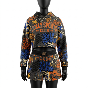 Conjunto de Top Corto y Pantalones Cortos para Mujer con Estampado de Sublimación Personalizado, 300 GSM, Felpa Francesa Transpirable, Diseño Graffiti, Ropa Informal - Product Image 1