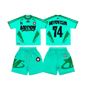 ชุดกีฬาผู้ชาย เสื้อยืดและกางเกงขาสั้นสีส้มเขียว แห้งเร็ว ผ้าโพลีเอสเตอร์ถัก คอกลม สไตล์สปอร์ตฤดูร้อน 74 Motion Club - Product Image 6