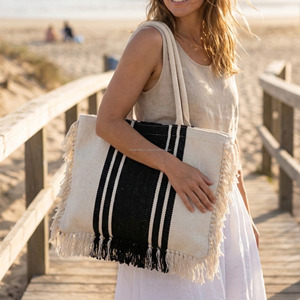 Bolso de Hombro Decorativo con Flecos, Tejido a Mano, Estilo Indio, Tamaño Grande, Bolso Tote Negro a Rayas con Doble Asa, Bolso de Tela Tejida - Product Image 1
