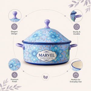 Casserole en acier émaillé bleu floral de qualité supérieure Marvel Handicrafts avec couvercle, pot isotherme pour servir des aliments chauds, ustensile de cuisine durable - Product Image 5