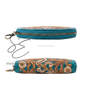 Porte-monnaie en cuir repoussé fait main, motif floral turquoise, porte-cartes, pochette à monnaie, portefeuille en cuir style western pour femme - Product Image 4