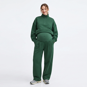 Ensemble de survêtement de maternité pour femmes, vert, sweat à capuche demi-zippé avec poches latérales, coupe ample, survêtements de maternité pour femmes - Product Image 2