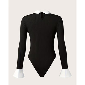 Body ajustado con ribete en contraste a precio asequible, elegante body de una pieza con manga larga y abertura en forma de llave, ropa de mujer - Product Image 2