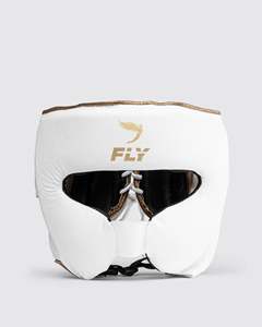 Fly Boxing Full Face Head Guard White Gold Leather Lace Up Closure Protective Gear <b>for</b> Adults Unisex Universal Style - Product Image 1