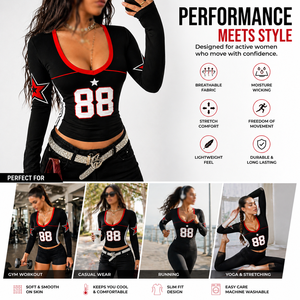 Camiseta de Fútbol Americano Negra para Mujer, Corte Ajustado, Cuello en V Profundo, Manga Larga, Estampado de Número, Elástica, OEM, ODM, Venta al Por Mayor - Product Image 3